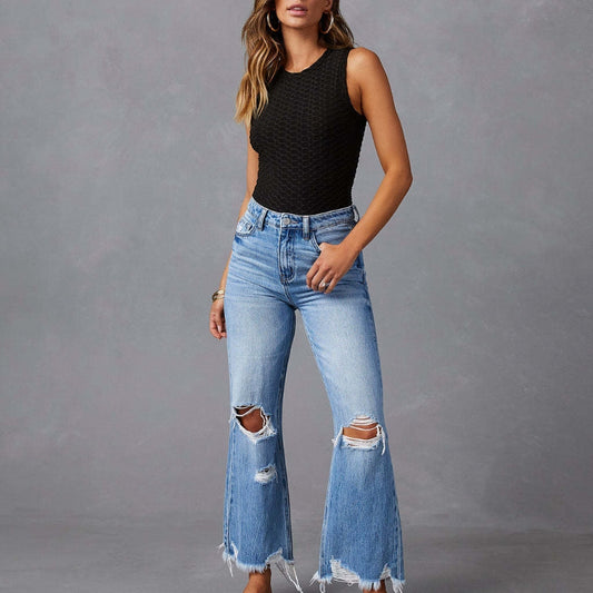 Women Jeans Water Washed Hole High Waist Trousers Wide Leg Pants Jeans