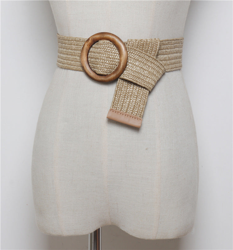 Women round buckle belt with wax rope