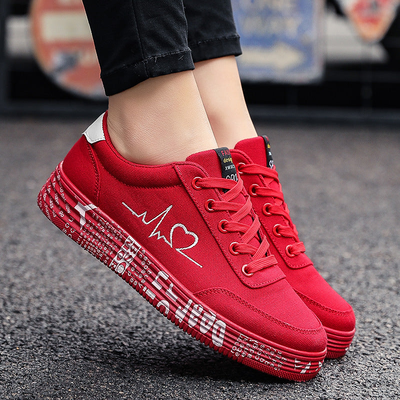 Women Men Love Print Canvas Shoes Flats Lace-up Casual Shoes Lover Sports Shoes