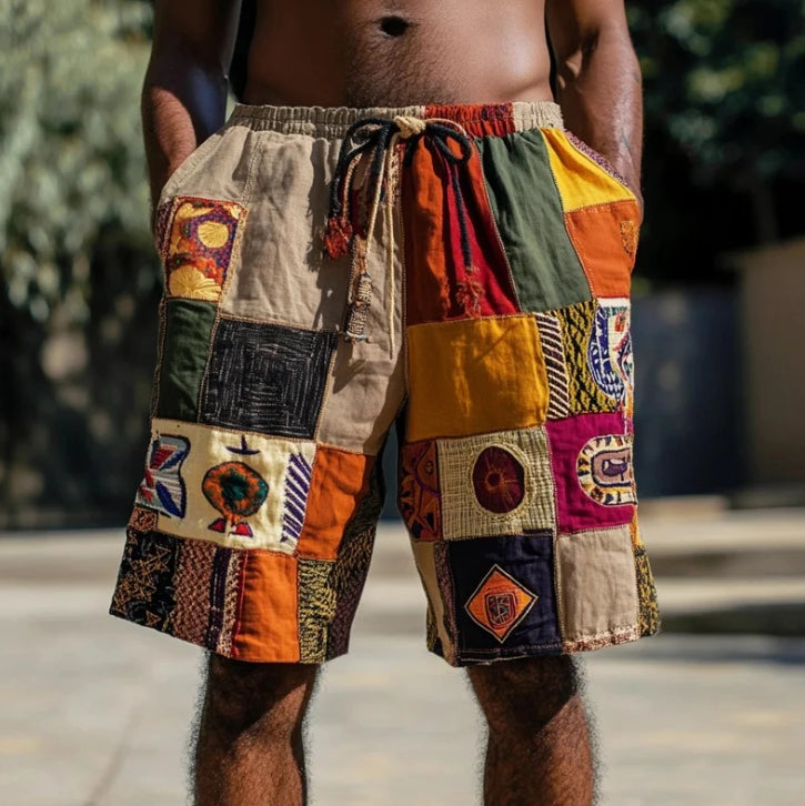 Baumwolle, Leinenshorts für Herren im Ethno-Patchwork-Stil