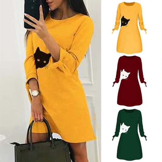 Frauen Elegantes Kleid Katze Druck Bogen O Hals Langarm Party Mini Kleider Casual Damen Elegantes Kleid Herbst Frühling Kleider