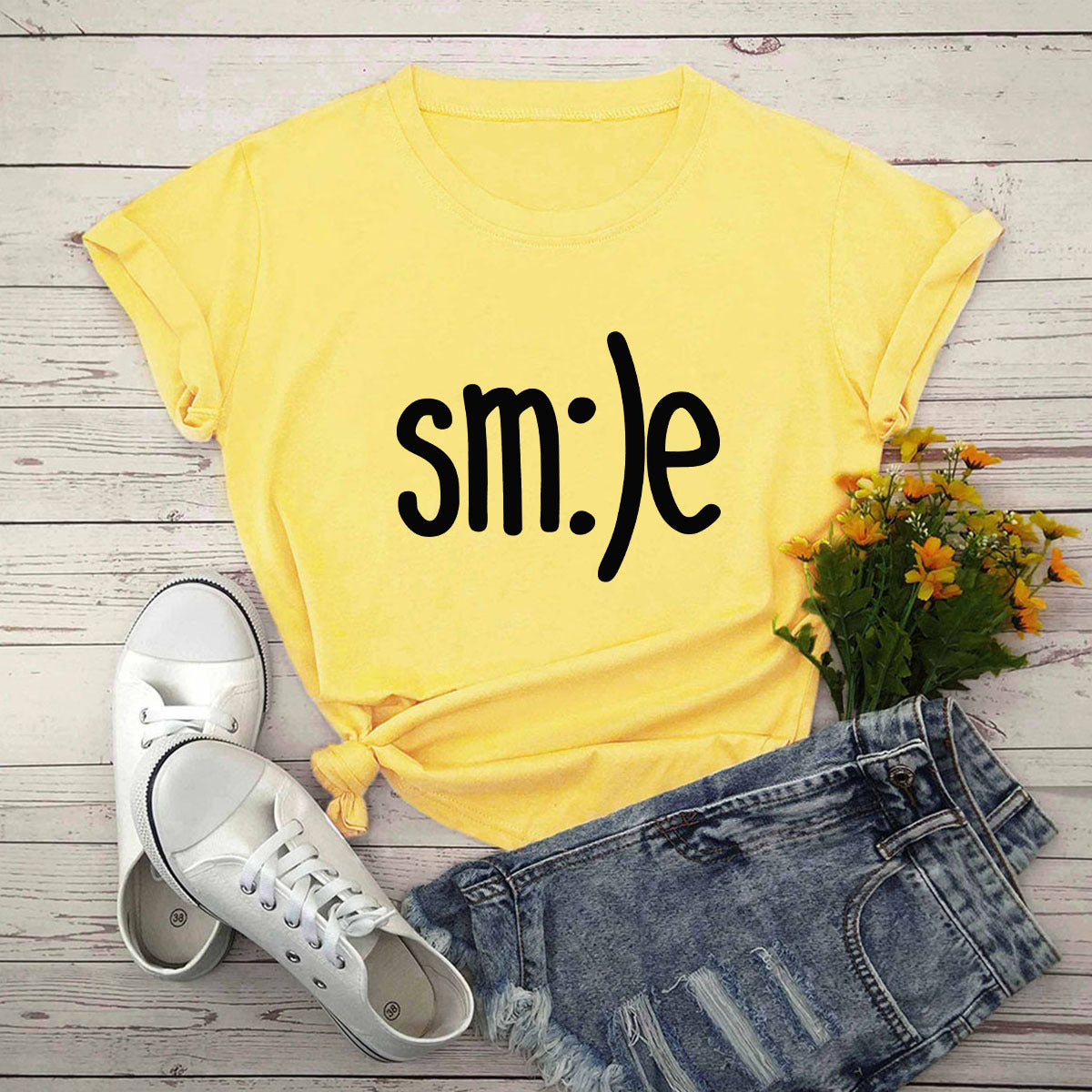 Women New Smile Letter Printed Shirt O Neck Short Sleeve Tees Summer Top 100%cotton S-5XL