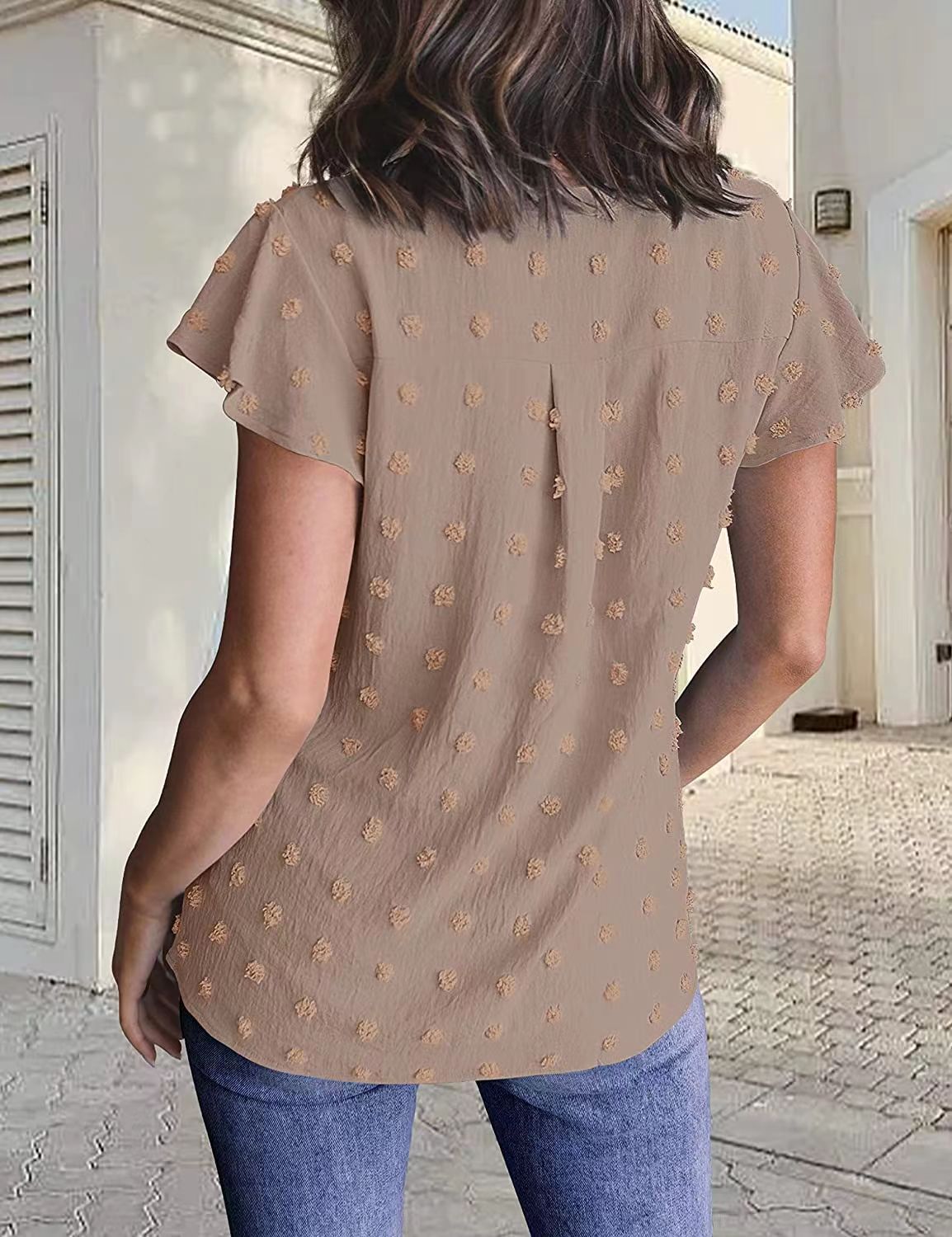 Women Sommer V-Ausschnitt Rüschen Kurzarm Bluse Dot Flowy Shirt Top