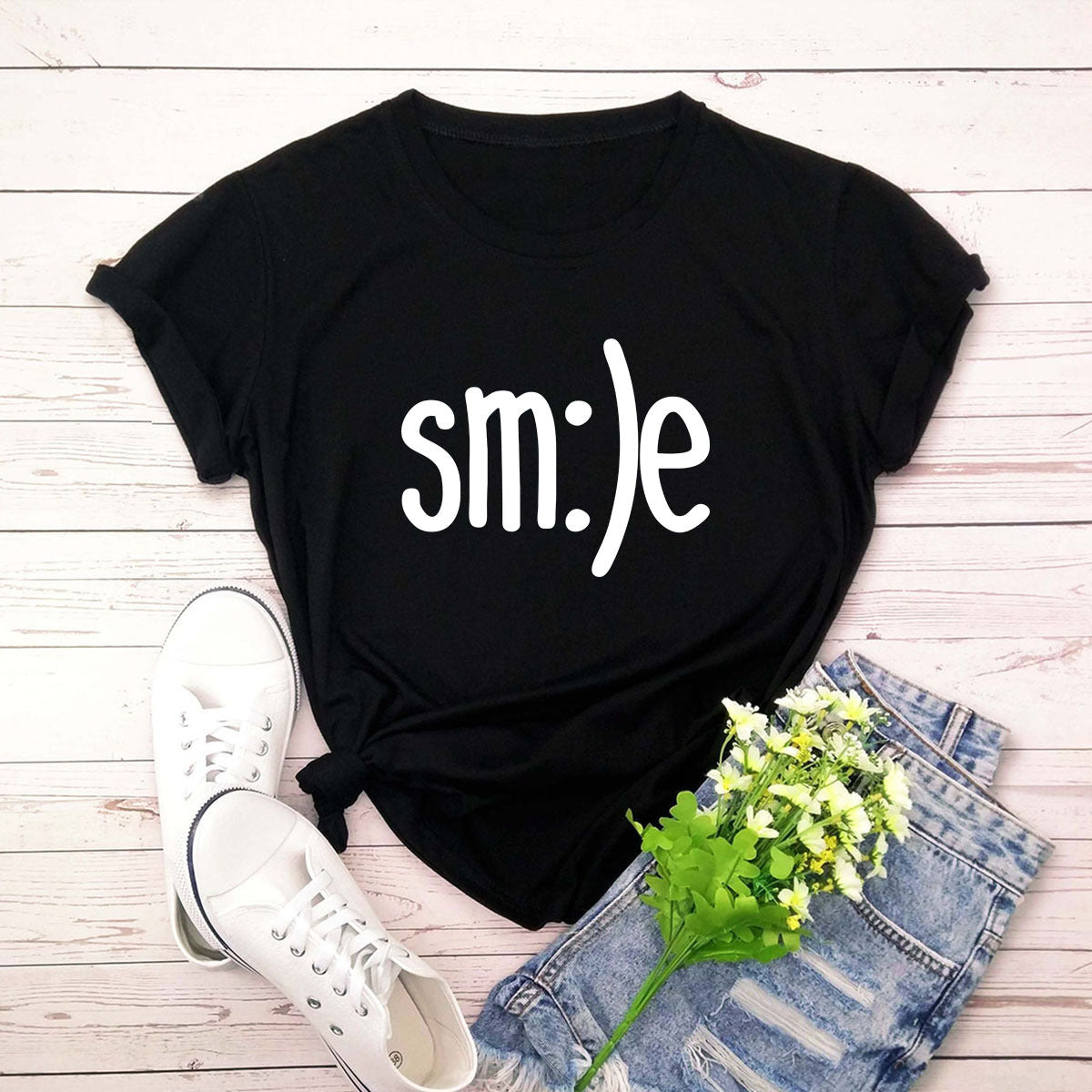 Women New Smile Letter Printed Shirt O Neck Short Sleeve Tees Summer Top 100%cotton S-5XL