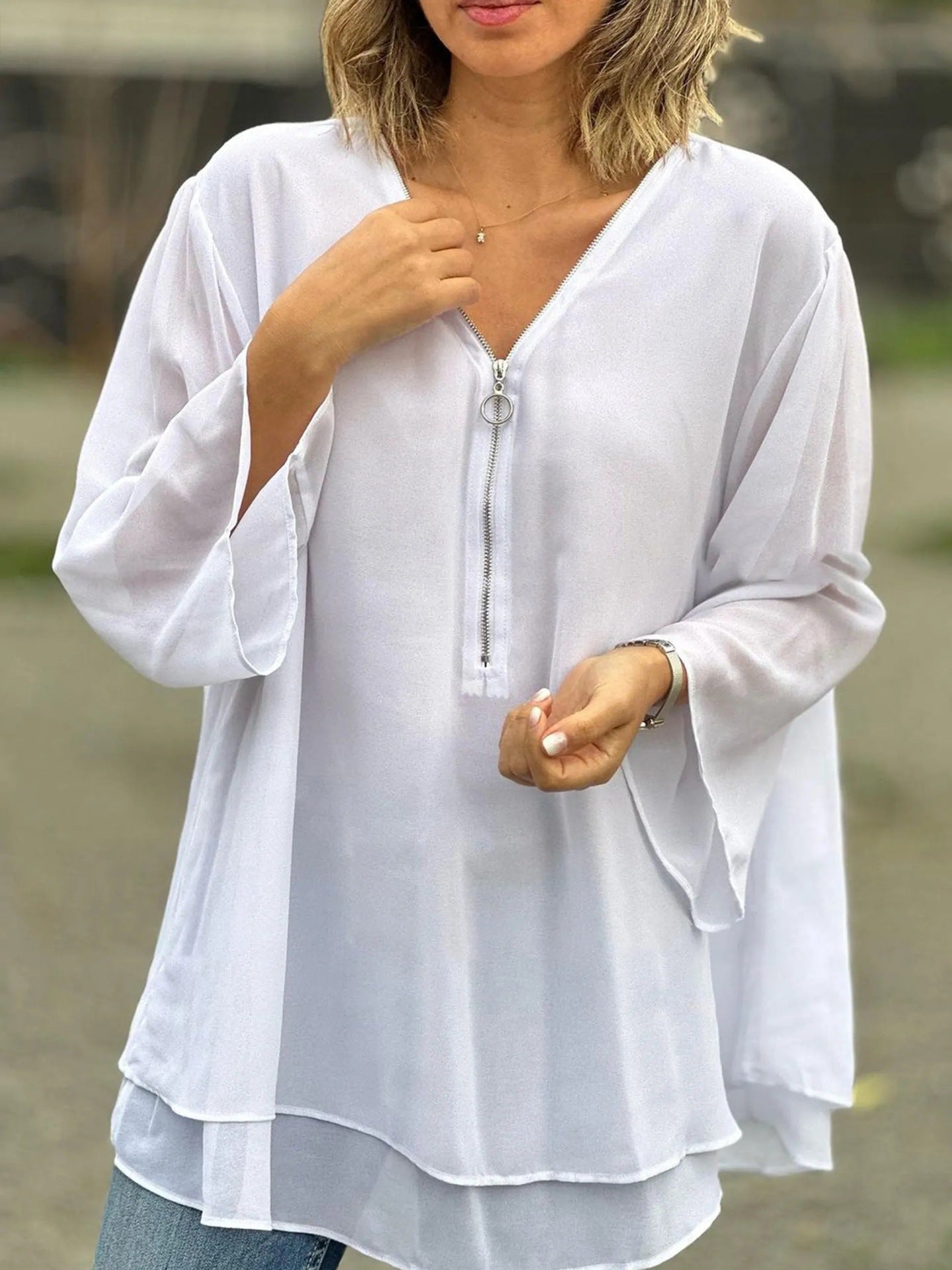 Women's V-neck 34 Sleeves Casual Chiffon Top Metal Loose Zip