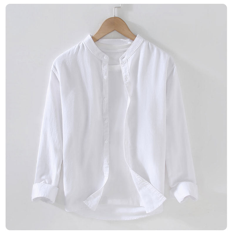 Men Spring And Summer Men's Linen White Long-sleeved Shirt