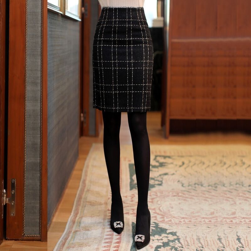 Women's Business High Waist Plaid Sheath A- Line Slimming Woolen Midi Skirt