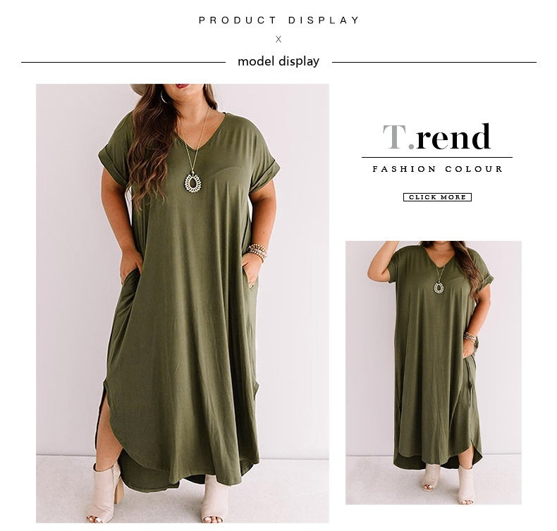 Women Short Sleeve Loose And Simple V-neck Dress