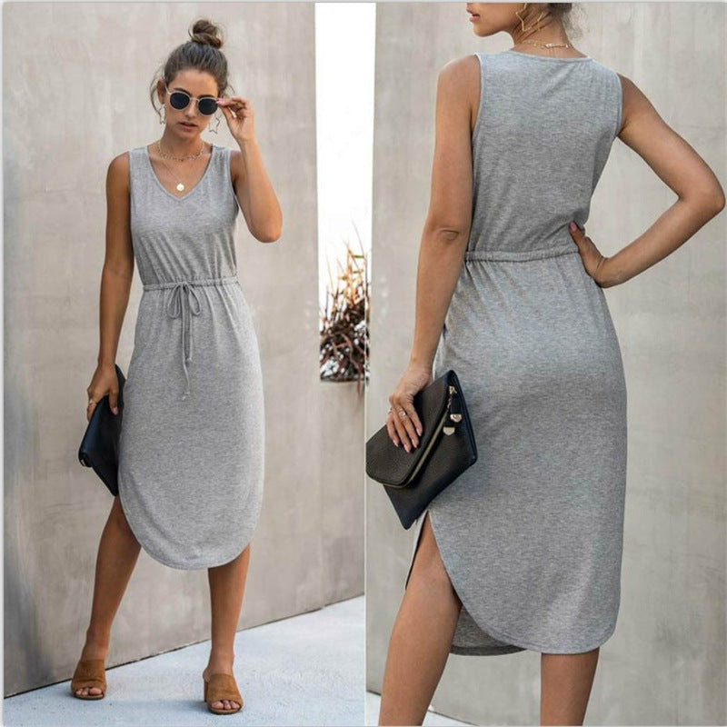 Women Irregular Cinched Round Neck Vest Dress