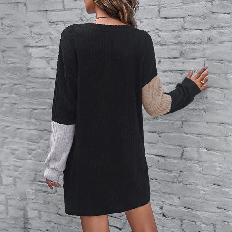 Women's Contrast Color Long-sleeve Round-collar Dress