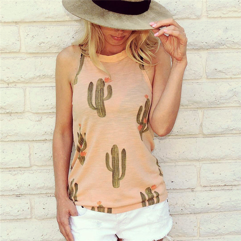 Women Summer Cactus Print shirt Casual Halter Harajuku Women T-shirt Top