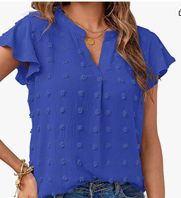 Damen Sommer V-Ausschnitt Rüschen Kurzarm Bluse Dot Flowy Shirt Top