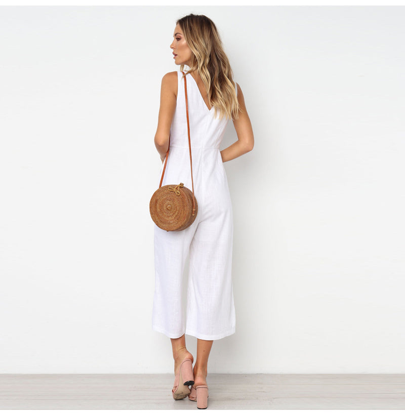 Women V-neck button backless jumpsuit