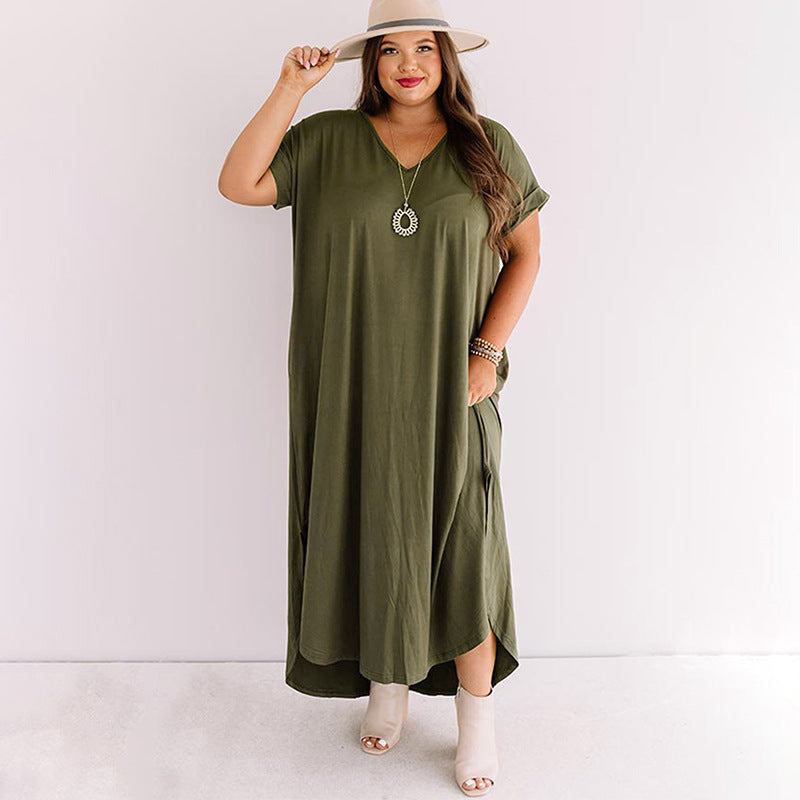 Women Short Sleeve Loose And Simple V-neck Dress