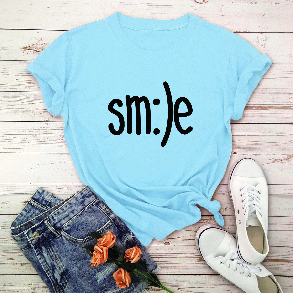 Women New Smile Letter Printed Shirt O Neck Short Sleeve Tees Summer Top 100%cotton S-5XL