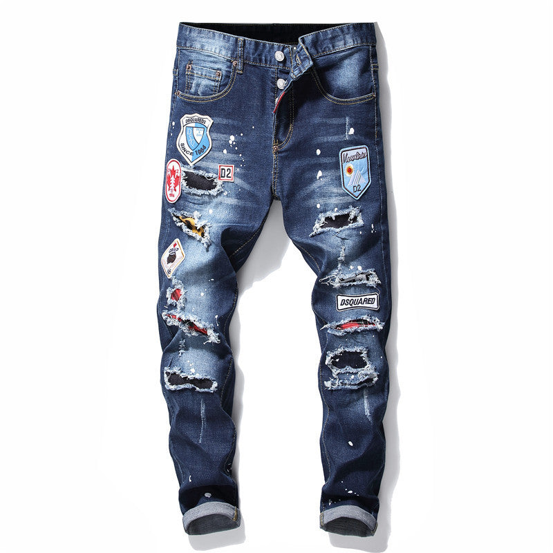 Men Jeans berühmte D2 Männer dünne Jeans Hosen Herren Denim Hose Reißverschluss blau Loch Bleistift Hosen