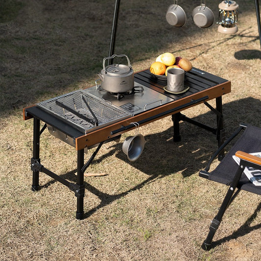 Camping barbecue picnic beech wood table, combined folding