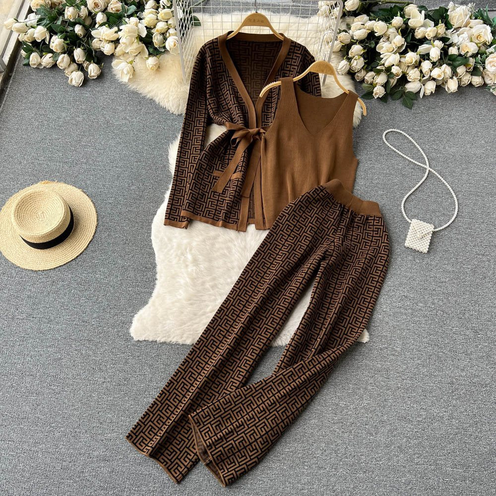 Women's Casual Suit Women's Inverness V-Neck Base Knitwear Wide Leg Trousers Three Piece Suit