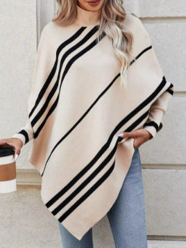 Women's Half Turtleneck Pullover Sweater Striped Batwing Sleeve Shawl