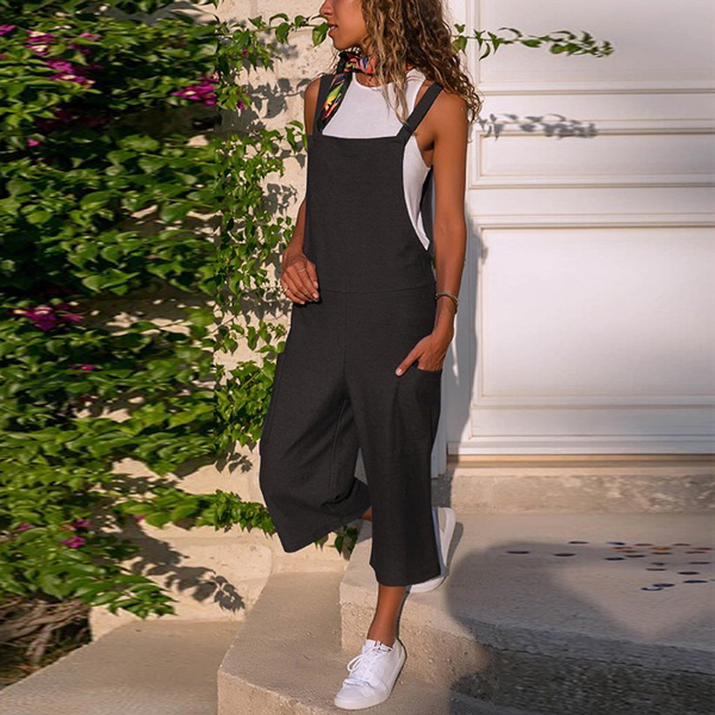 Damen lässiger Jumpsuit aus Baumwolle und Leinen mit langem breiten Bein