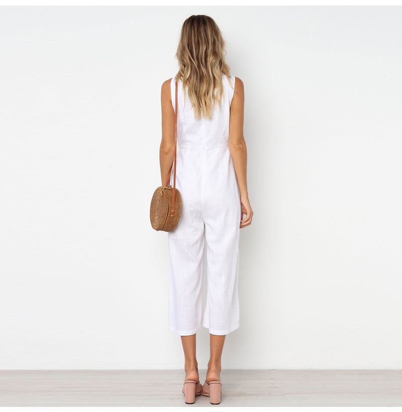 Women V-neck button backless jumpsuit