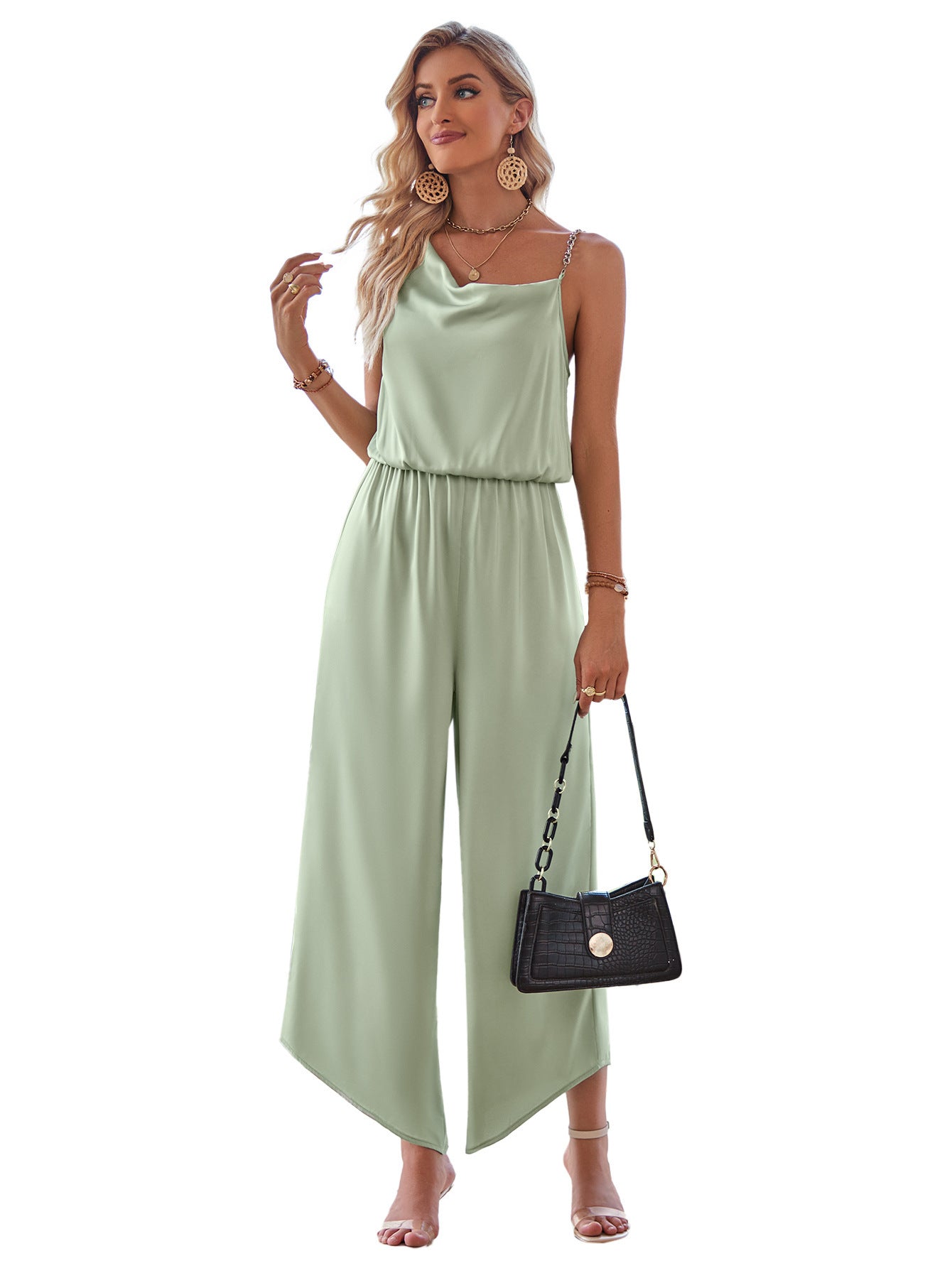 Women Fashion Casual Solid Color Suspender Waist Wide Leg Jumpsuit