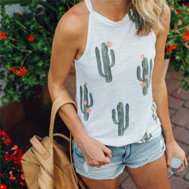 Women Summer Cactus Print shirt Casual Halter Harajuku Women T-shirt Top