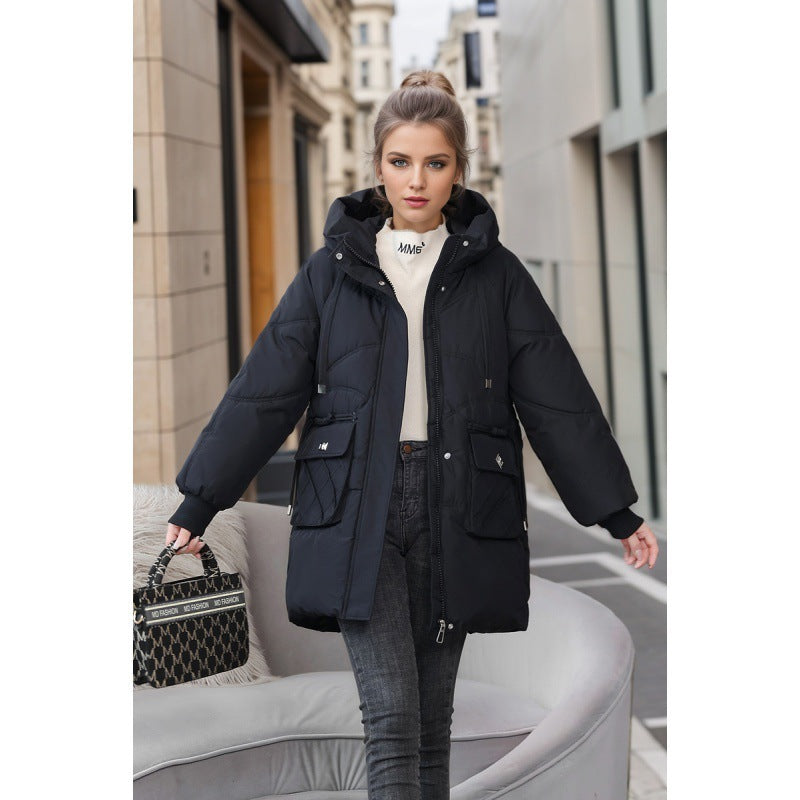 Women's Winter Warm Hooded Coat With Pockets Fashion Solid Color Thicken Straight Cotton Jacket