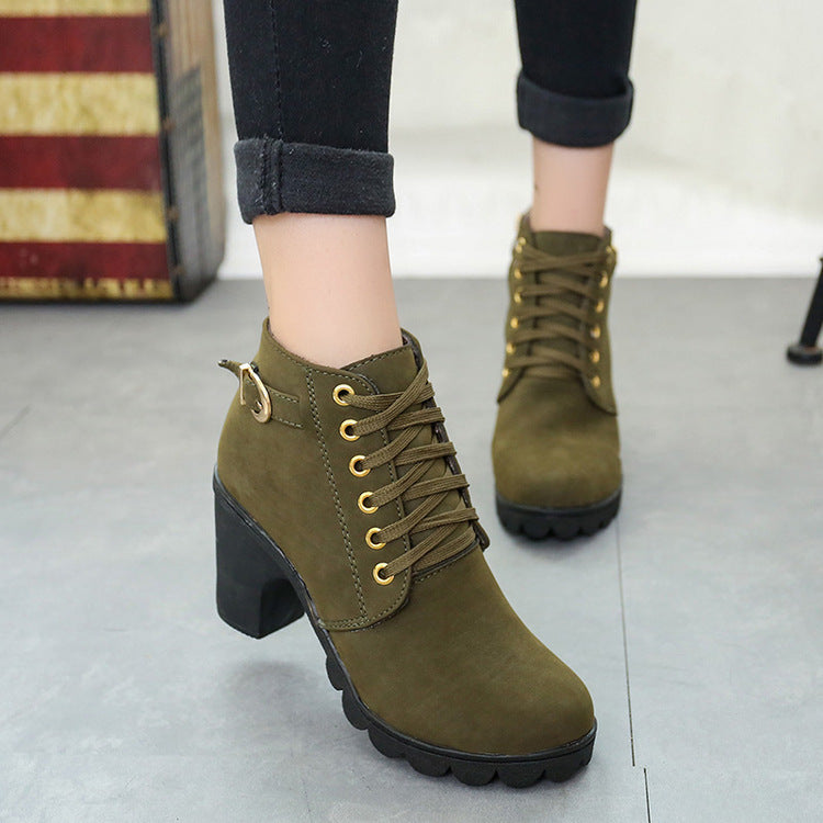 Women's boots with a chunky block heel and buckled ankle boots