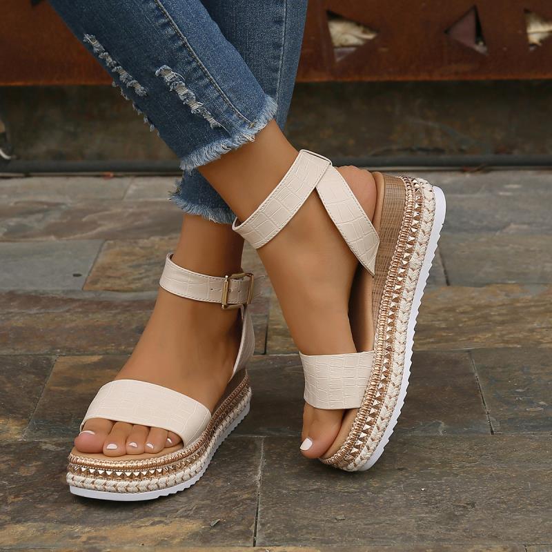 Women Sommer Sandalen Schnalle Riemen Hanf Wedges Plattform Peep Toe Schuhe Frauen