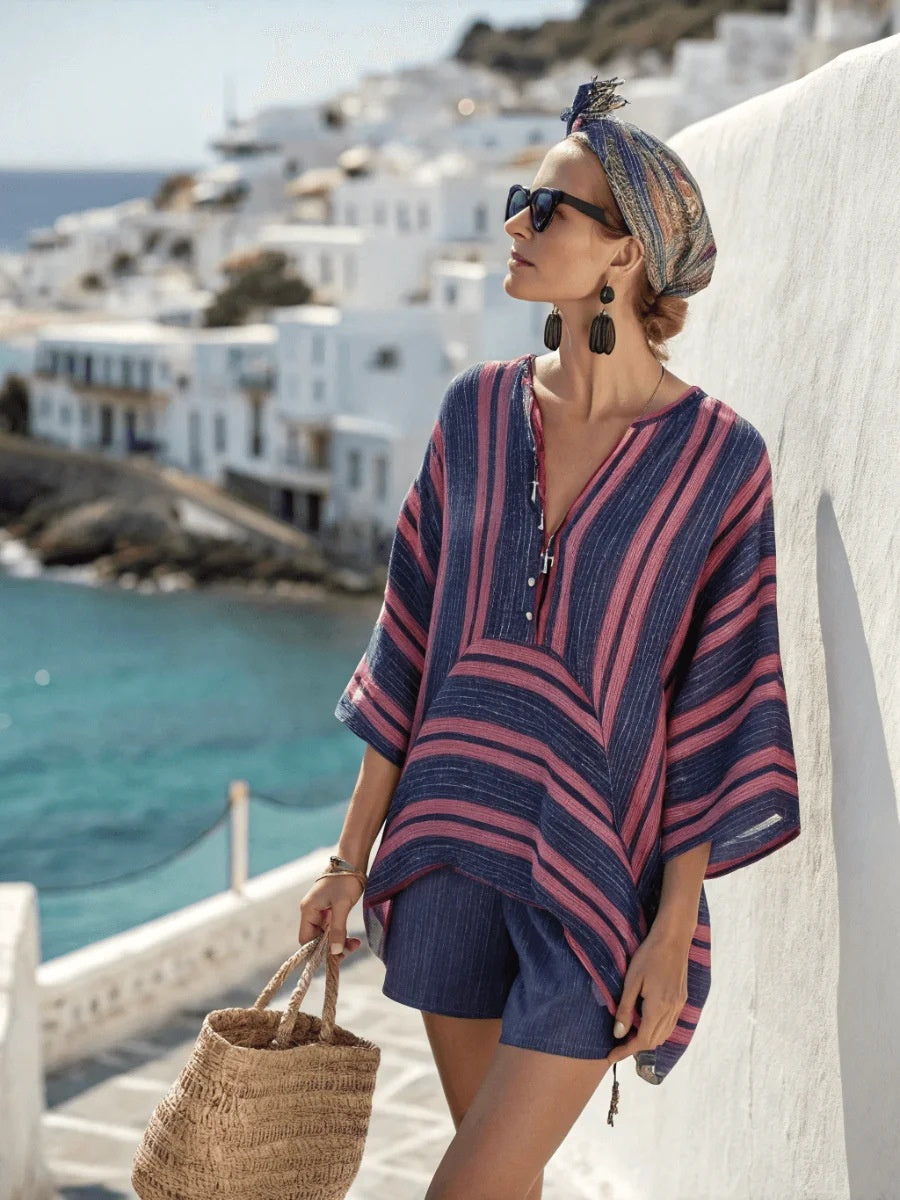 Streifen-Print-Set mit V-Ausschnitt, bestehend aus Top und Shorts für Damen