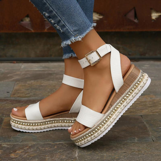 Women Sommer Sandalen Schnalle Riemen Hanf Wedges Plattform Peep Toe Schuhe Frauen