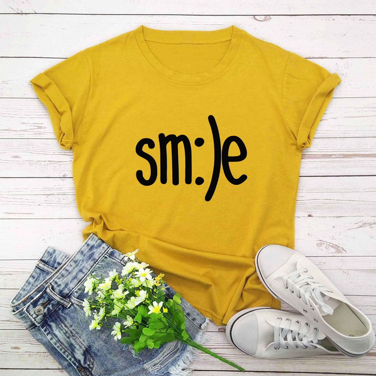 Women New Smile Letter Printed Shirt O Neck Short Sleeve Tees Summer Top 100%cotton S-5XL