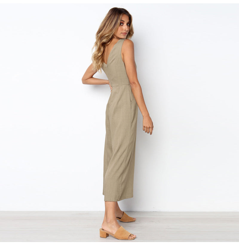 Women V-neck button backless jumpsuit