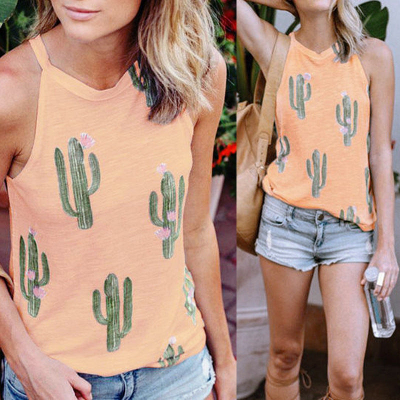 Women Summer Cactus Print shirt Casual Halter Harajuku Women T-shirt Top