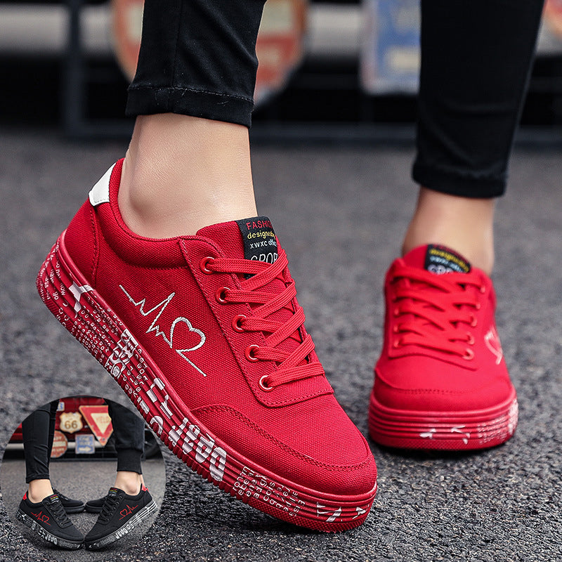 Women Men Love Print Canvas Shoes Flats Lace-up Casual Shoes Lover Sports Shoes