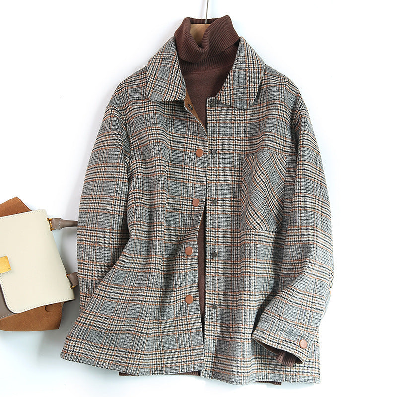 Women's Plaid Woolen Coat Ladies Loose Casual