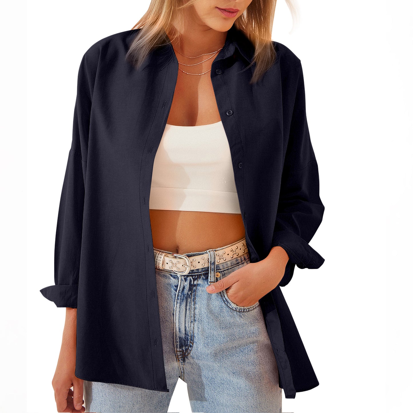 Damen-Hemdjacke, langärmelige Bluse, Button-Down-Tops, bonbonfarbenes Hemd