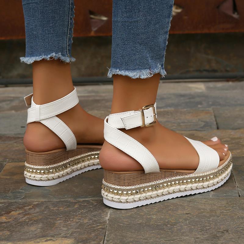 Women Sommer Sandalen Schnalle Riemen Hanf Wedges Plattform Peep Toe Schuhe Frauen