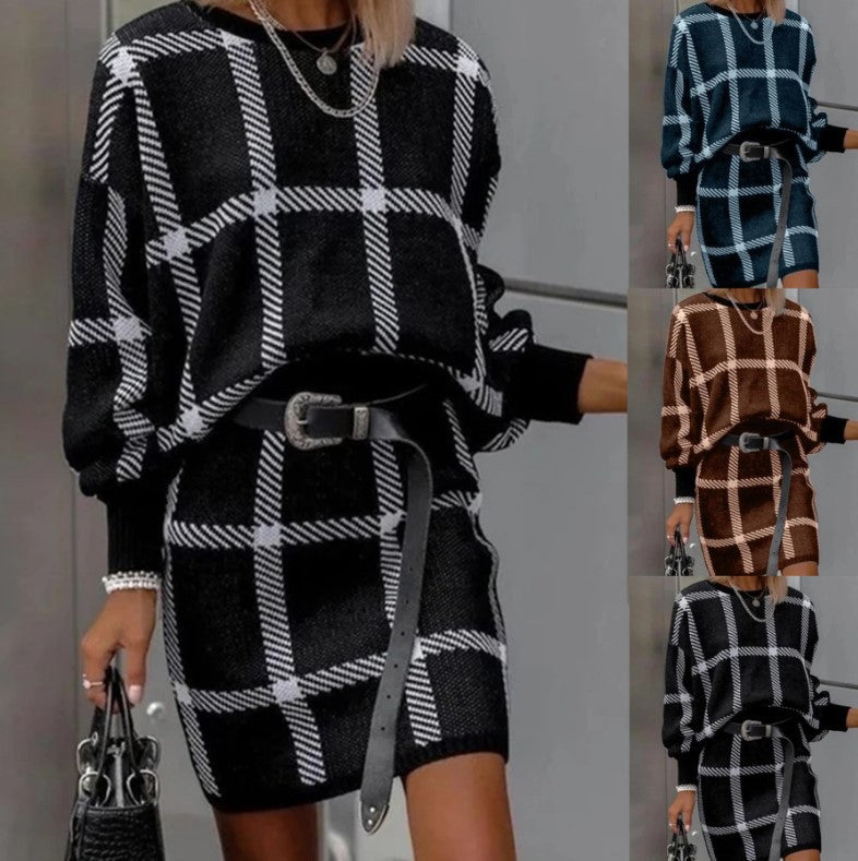 Women Large Plaid Pullover Long Sleeve Woolen Skirt Suit Two-piece Set