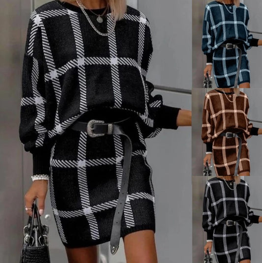 Women Large Plaid Pullover Long Sleeve Woolen Skirt Suit Two-piece Set