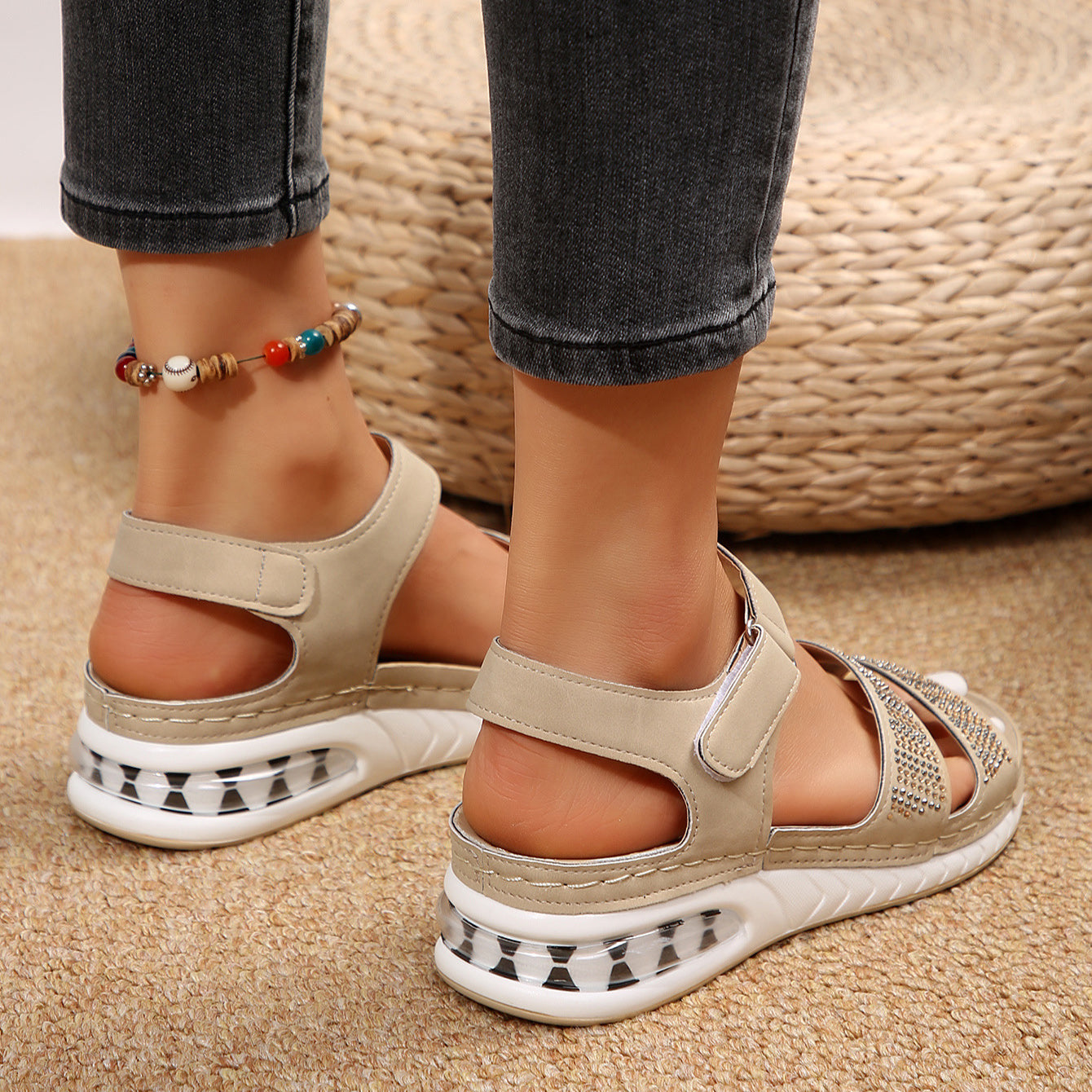 Women Summer Rhinestone Wedges Sandals Casual Sports Air Cushion Bottom Beach Shoes Roman Sandals