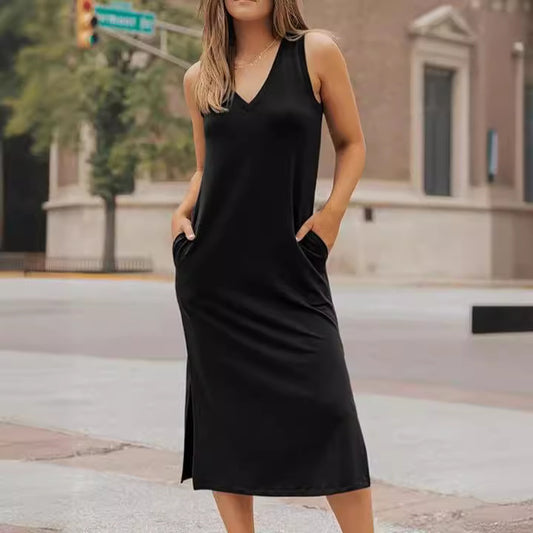 Women's V-neck Slim Fit Solid Color Fashion With Pockets Dress