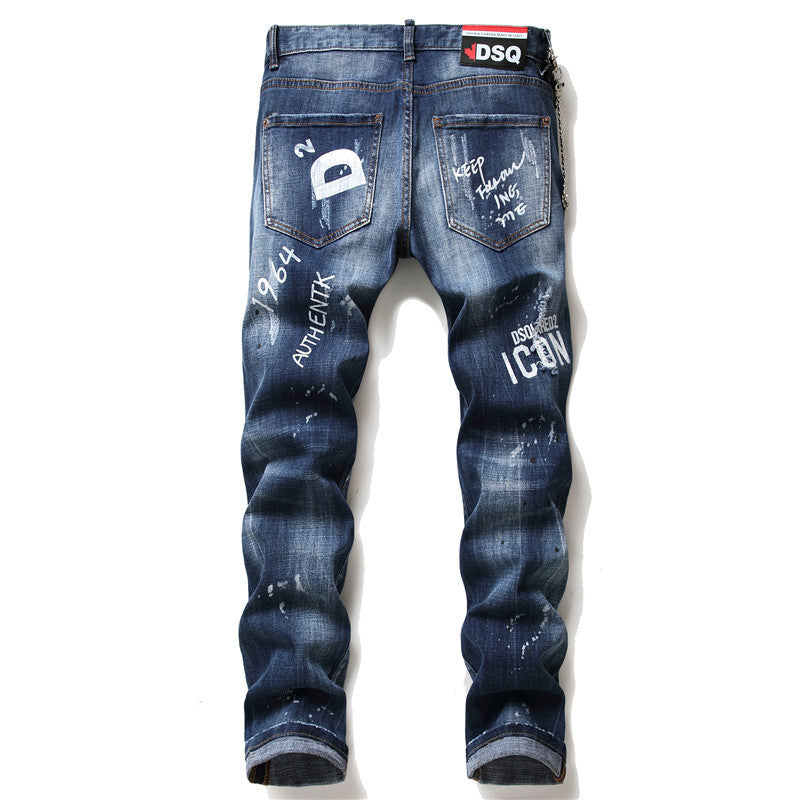 Men Jeans berühmte D2 Männer dünne Jeans Hosen Herren Denim Hose Reißverschluss blau Loch Bleistift Hosen