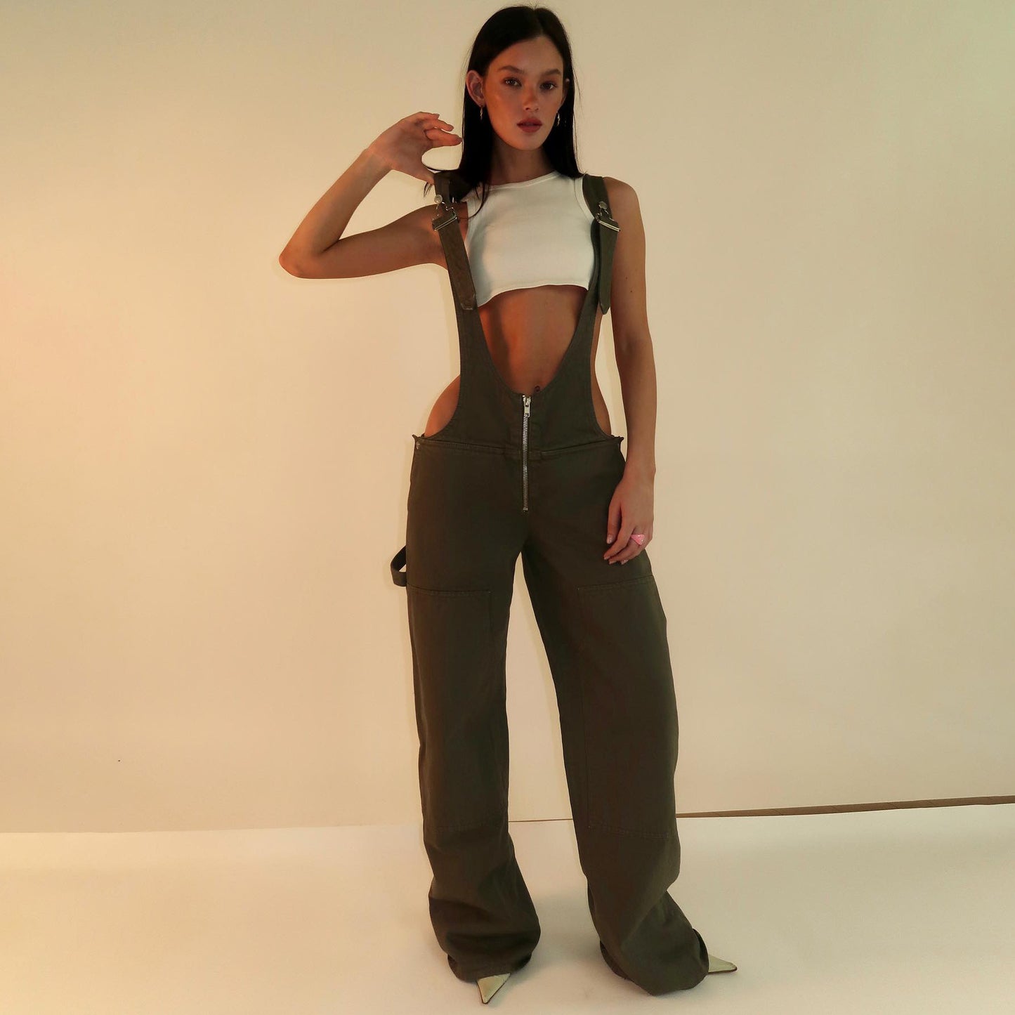 Damen Y2K Reißverschluss Denim Overalls mit Taschen Mode Loose Hosenträger Jumpsuit Streetwear