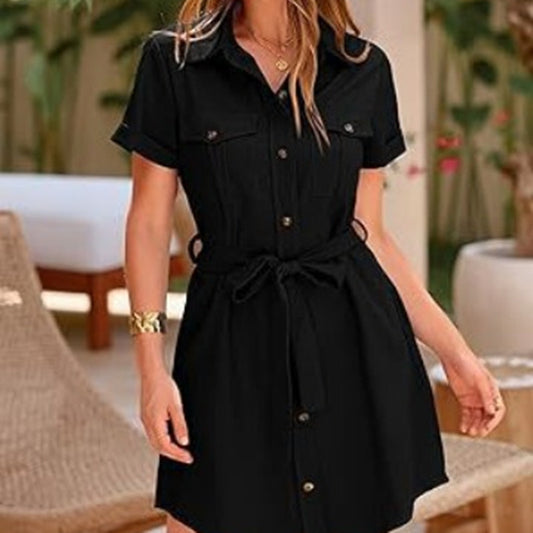 Women Dress Pocket Button Solid Color Short