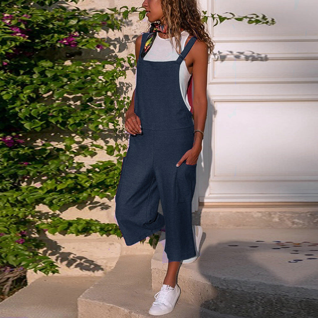 Damen lässiger Jumpsuit aus Baumwolle und Leinen mit langem breiten Bein