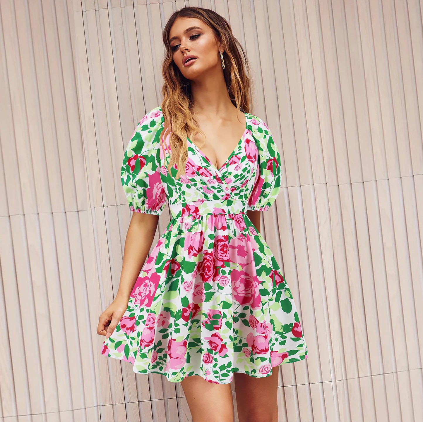 Women floral print V-neck lantern sleeve dress Y2K summer beachwear