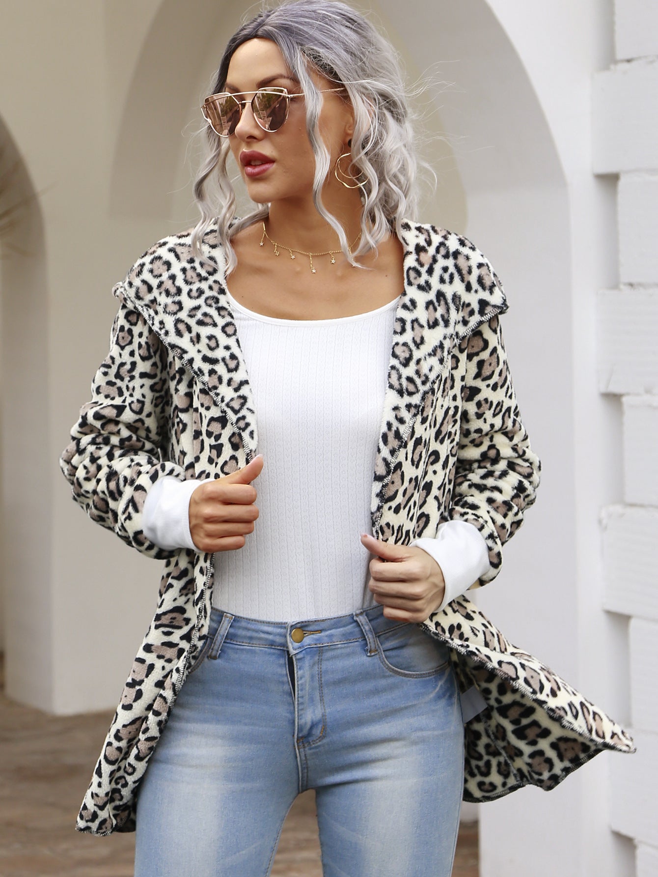 Women Warm Winter Wild Leopard Print Hooded Cardigan Jacket