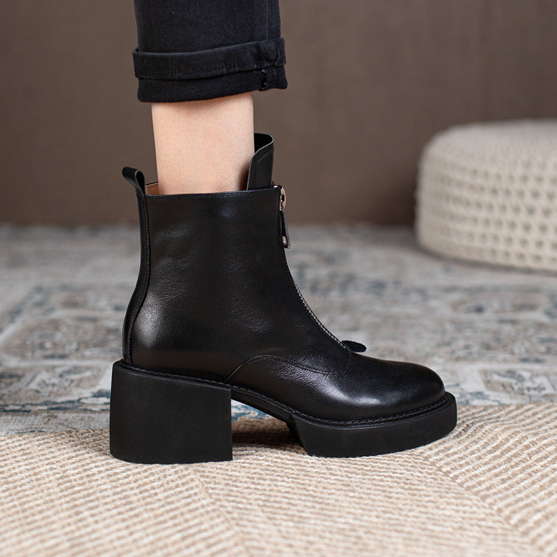 Damen-Stiefeletten aus Leder mit Plateausohle und dickem Absatz